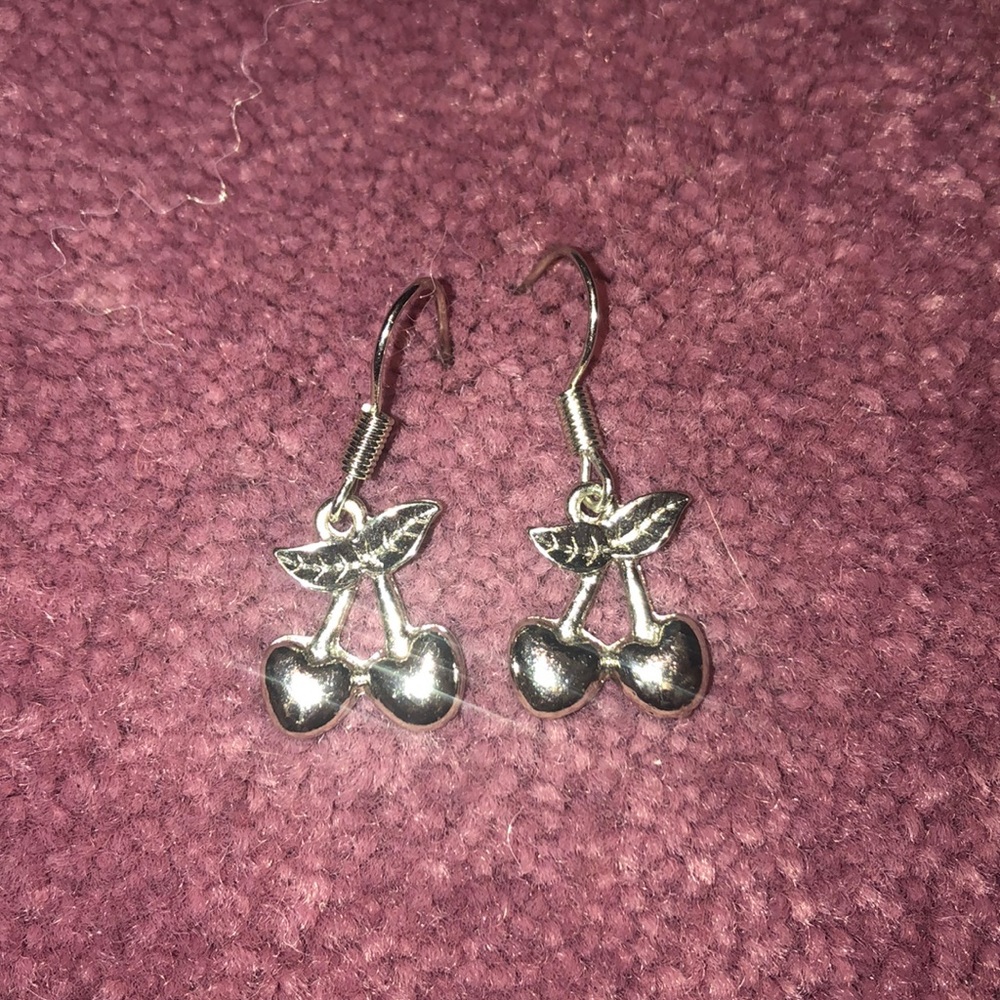 Silver cherry dangly earrings